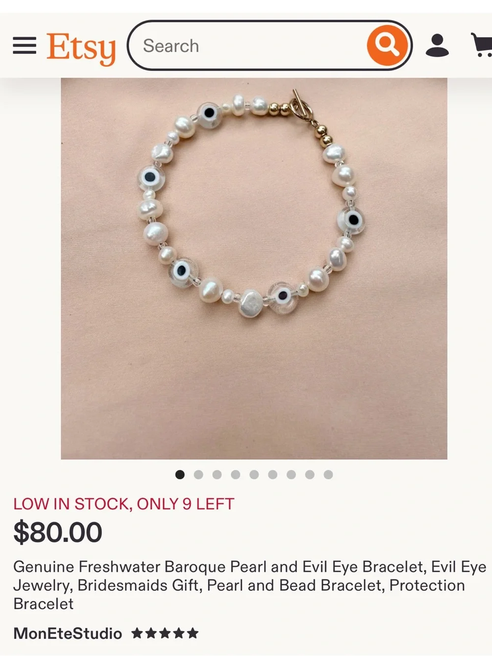 Etsy Fresh Water Pearl Evil Eye Bracelet OS